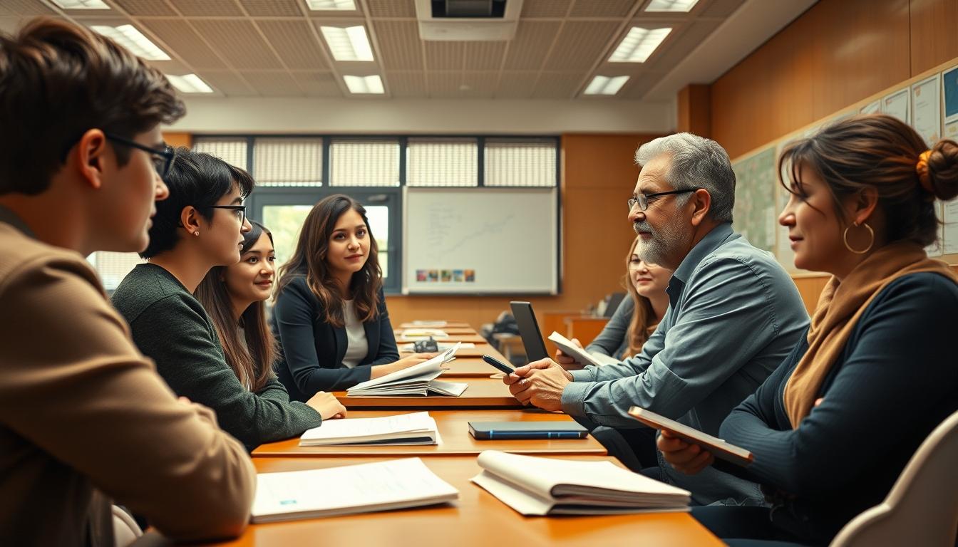 Students studying together in modern classroom